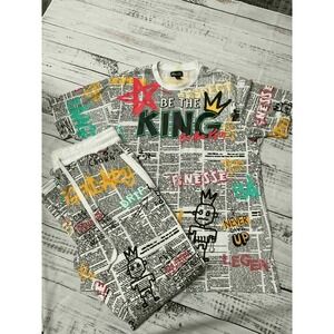One Nation Mens 2XL Newspaper Print‎ Graphic T Shirt And Jogger Sweatpants Set